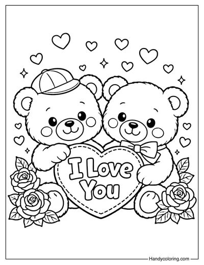 Cute Teddy Bear Couple I Love You Coloring Page