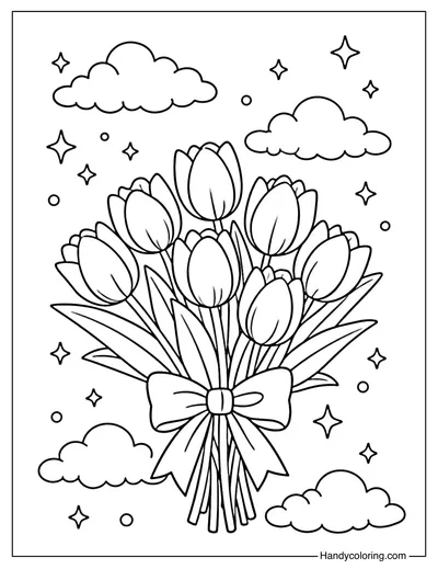 Cute Tulip Bouquet with Stars Coloring Page