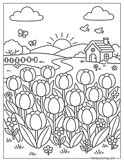 Cute Tulip Garden Coloring Page