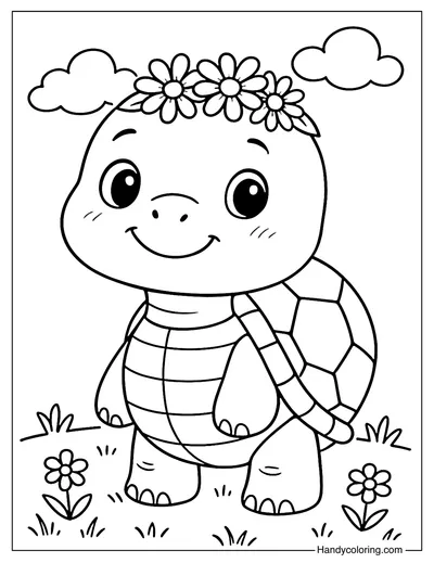 Cute Turtle with Flower Crown Coloring Page