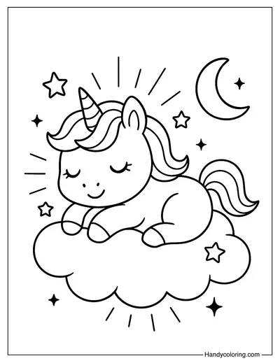 Cute Unicorn on a Cloud Coloring Page