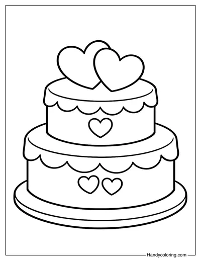 Cute Wedding Cake with Hearts Coloring Page
