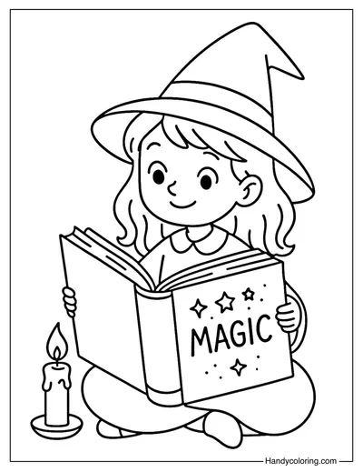 Cute Witch Reading Book Coloring Page