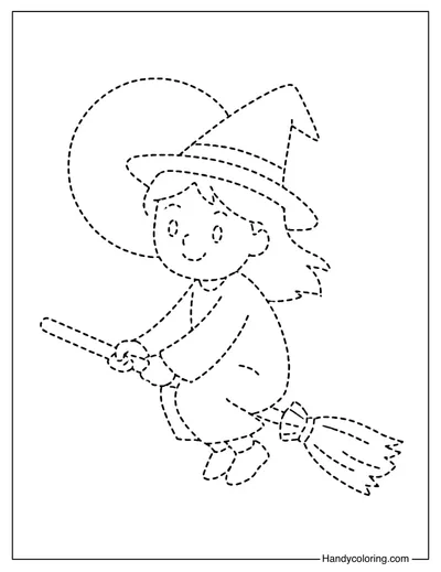 Cute Witch Tracing Coloring Page