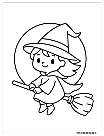 Cute Witch with Moon Coloring Page