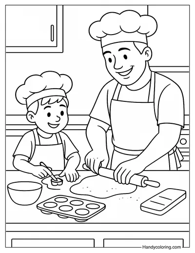 Dad and His Son Baking Cookies Coloring Page
