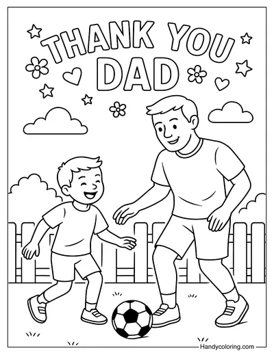 Dad and His Son Playing Soccer Coloring Page