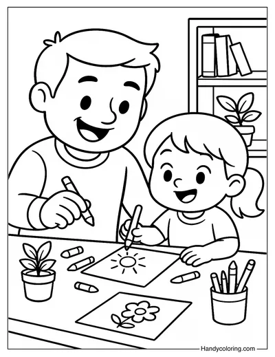 Dad and Me Drawing Together Coloring Page