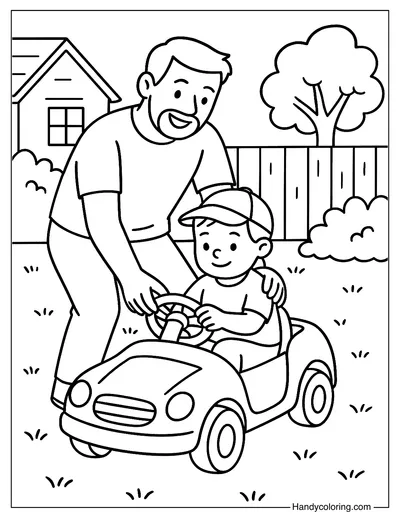 Dad Teaching His Son to Drive Toy Car Coloring