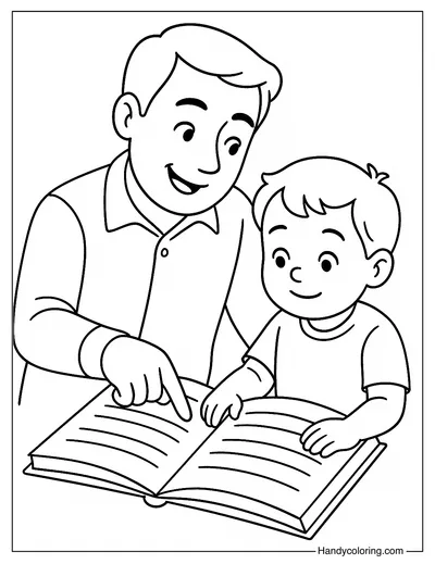 Dad Teaching His Son to Read Coloring Page