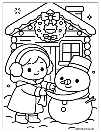 Decorating Snowman in Front of Cabin Coloring Page