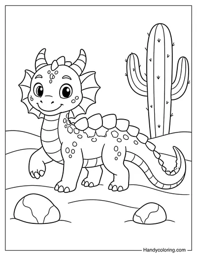 Desert Dragon Walking Past Cactus Rocks