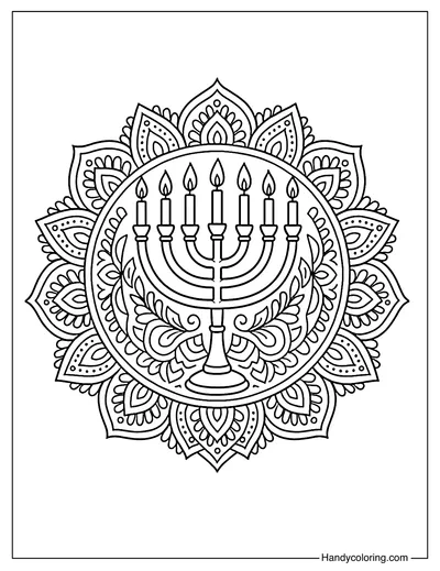 Detailed Menorah Mandala Coloring Page