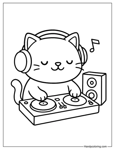 DJ Cat in Headphones Coloring Page