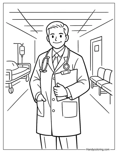 Doctor in Hospital Hallway Coloring Page