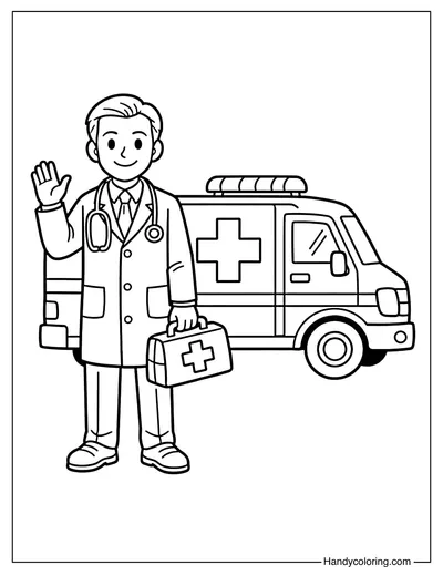 Doctor with Ambulance Coloring Page