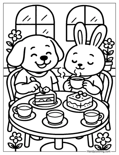 Dog and Rabbit Enjoying Cake Coloring Page