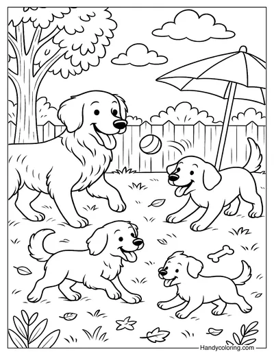 Dog Family Playing Fetch Coloring Page