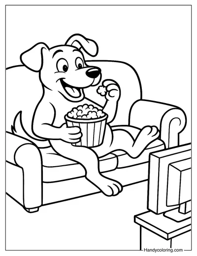 Dog Lying on the Sofa Eating Popcorn Watching TV