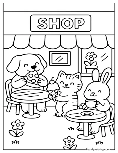 Dog with Cat and Rabbit in a Small Shop Coloring Page