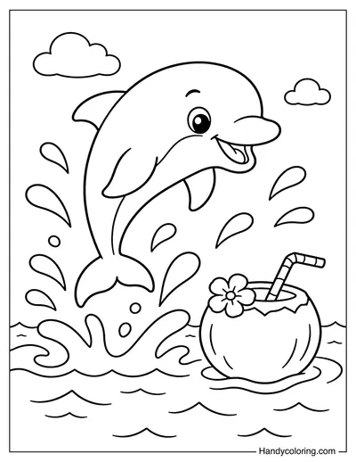 Dolphin And Coconut Floating On The Sea
