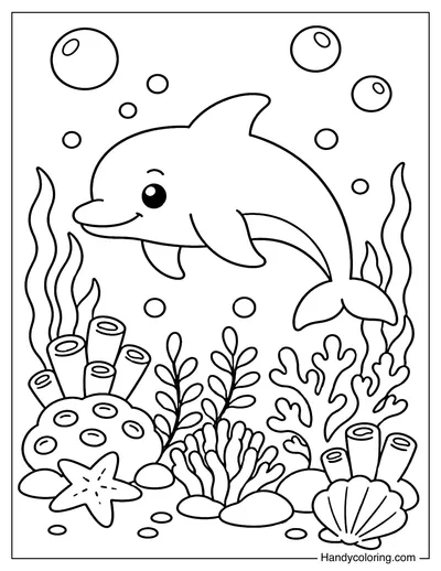 Dolphin Swimming Through Coral Garden