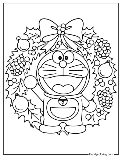 Doraemon Christmas Wreath Coloring Page