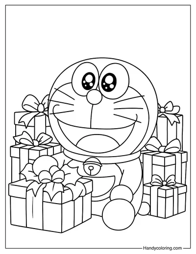 Doraemon With Christmas Gifts Coloring Page