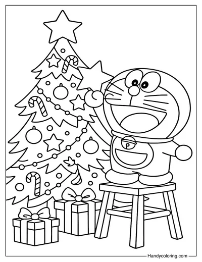 Doraemon with Christmas Tree Coloring Page