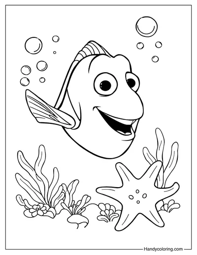 Dory Coloring Page with Water Bubbles and Starfish