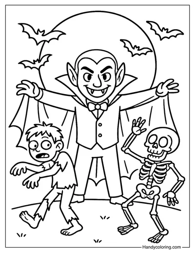 Dracula, Zombie, Skeleton Coloring Page