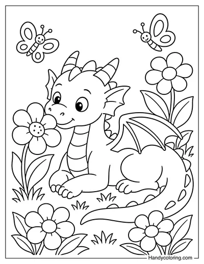 Dragon Resting Among Giant Flowers