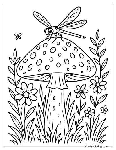 Dragonfly with Mushroom Coloring Page