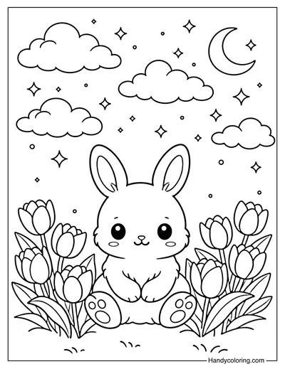 Dreamy Bunny and Tulips Coloring Page