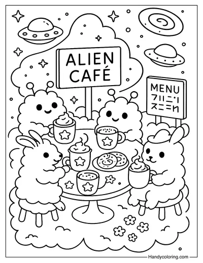 Dreamy Clouds Alien Cafe Coloring Page