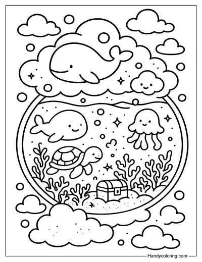 Dreamy Clouds Aquarium Coloring Page
