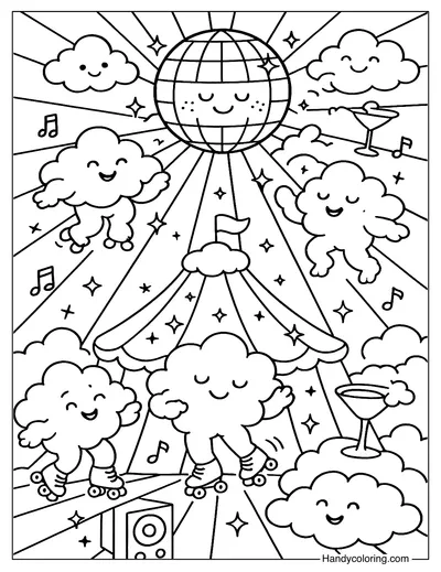 Dreamy Clouds Disco Party Coloring Page