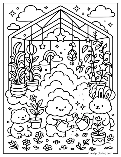 Dreamy Clouds Greenhouse Coloring Page