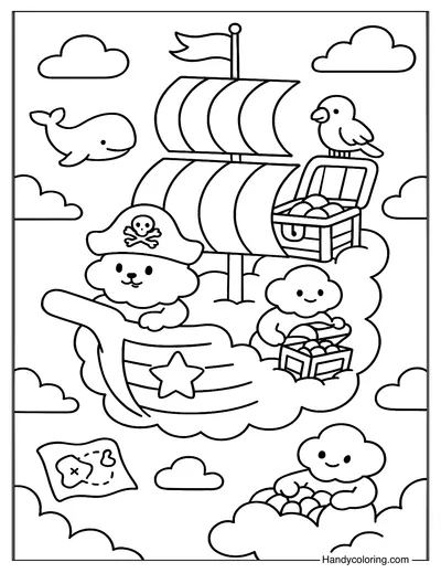 Dreamy Clouds Pirate Ship Coloring Page