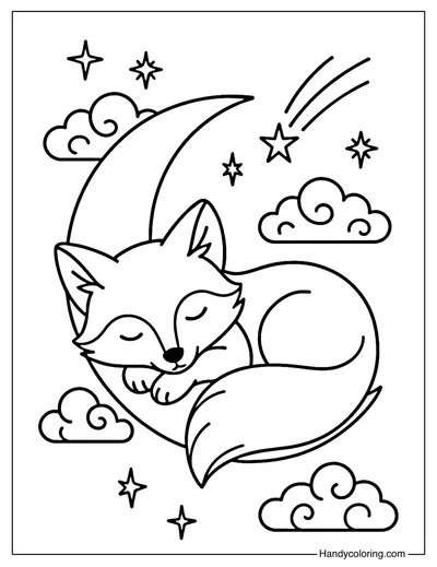 Dreamy Fox on Crescent Moon Coloring Page