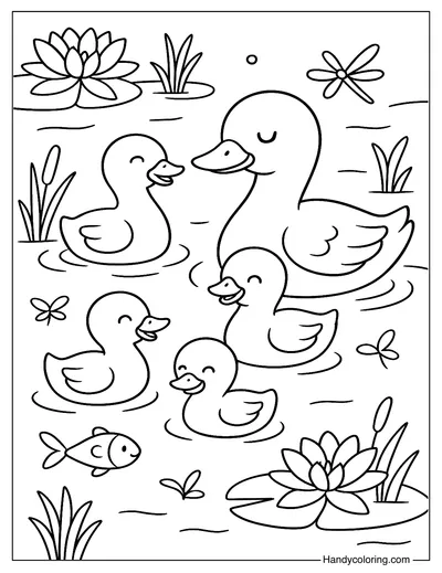 Duck Family Pond Adventure Coloring Page