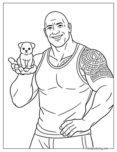 Dwayne The Rock Johnson with Puppy Coloring Page