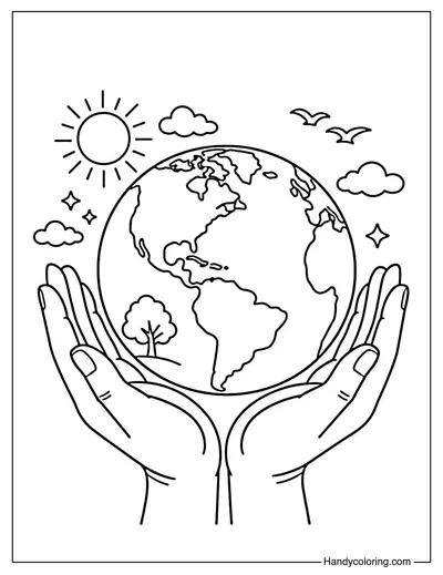 Earth inside Hands Coloring Sheet