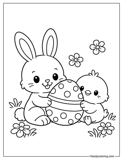 Easter Bunny and Chick Holding A Easter Egg