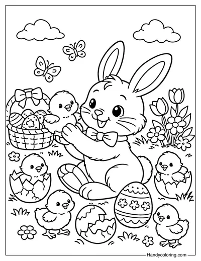 Easter Bunny and Chicks To Color