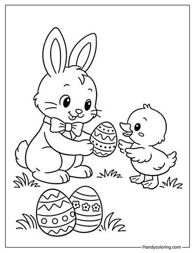 Easter Bunny Sharing Eggs with Duckling