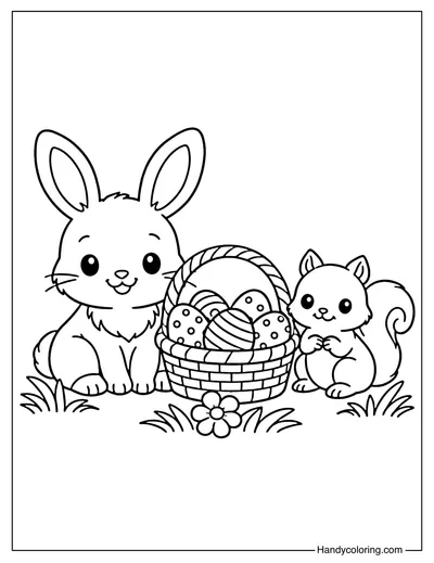 Easter Bunny with Squirrel and Easter Eggs Basket