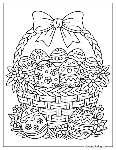 Easter Eggs Basket with Bow Coloring Page