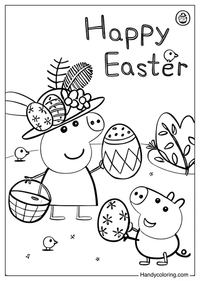 Easter Peppa Pig with George Pig Coloring Page