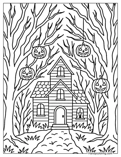 Eerie Forest Haunted House Coloring Page
